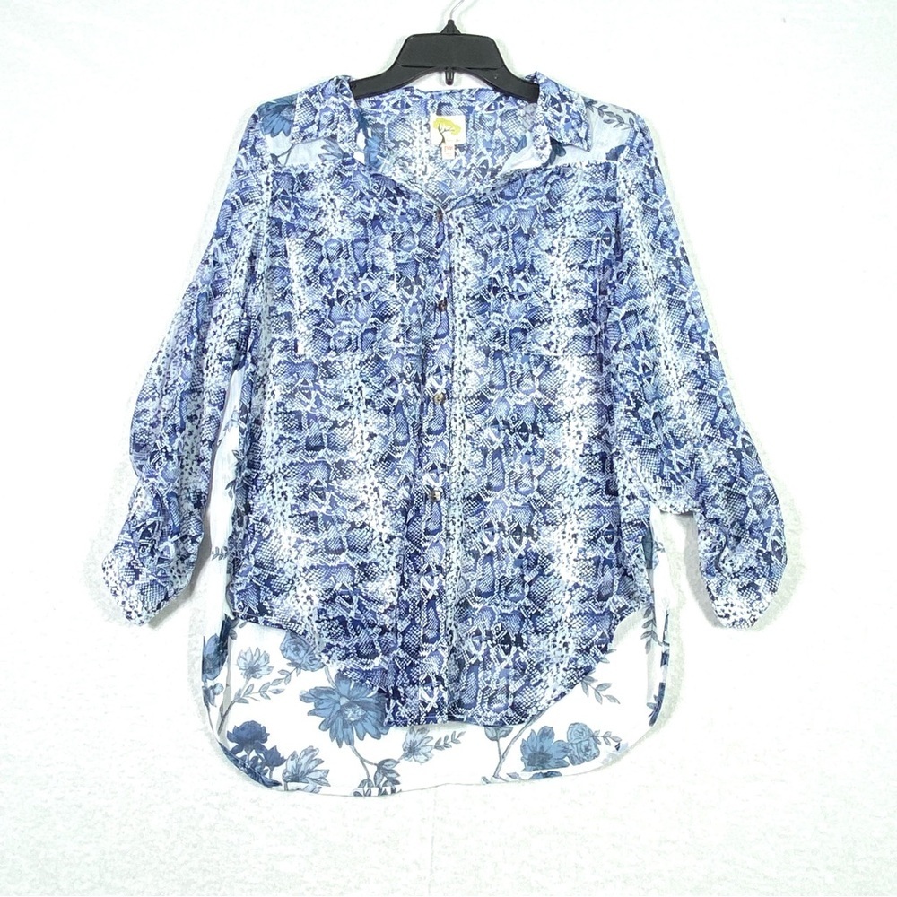 Fig & Flower Floral Snake Print Blouse Womens PM Button Up Sheer Long Sleeve Top